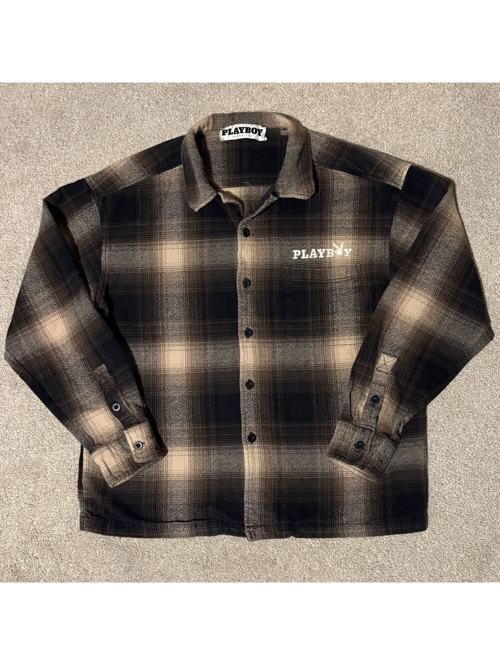 PLAYBOY by PACSUN Mens Sz M Flannel Shirt Brown Black Plaid Cotton Button Down